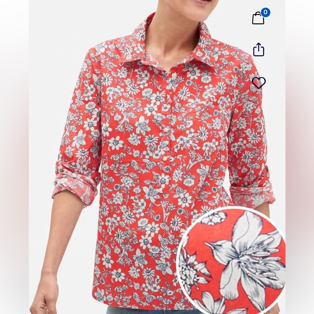Gap Boyfriend Poplin Popover Shirt, Red Floral print, EUC